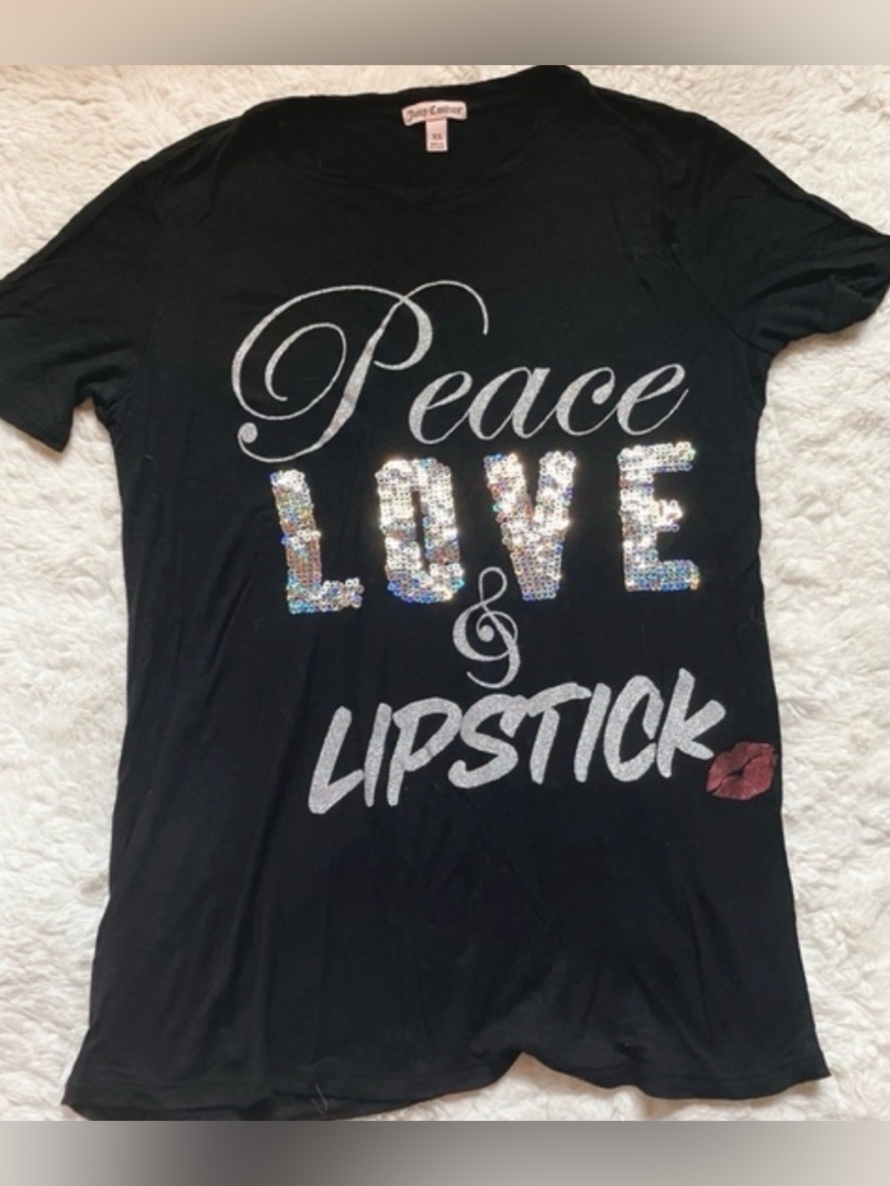 Juicy Couture Black Sequin 'Peace Love & Lipstick' Graphic Tee